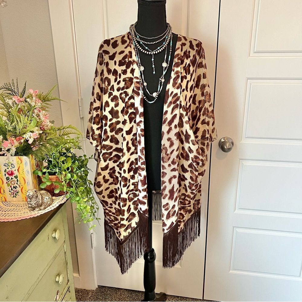Soul Young Leopard & Floral Open Front Fringe Hem 2 Kimono Duster Blouses O/S - Picture 4 of 16